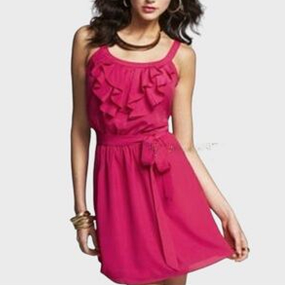 Express Women's Ruffled Neckline Pink Dress With Pockets